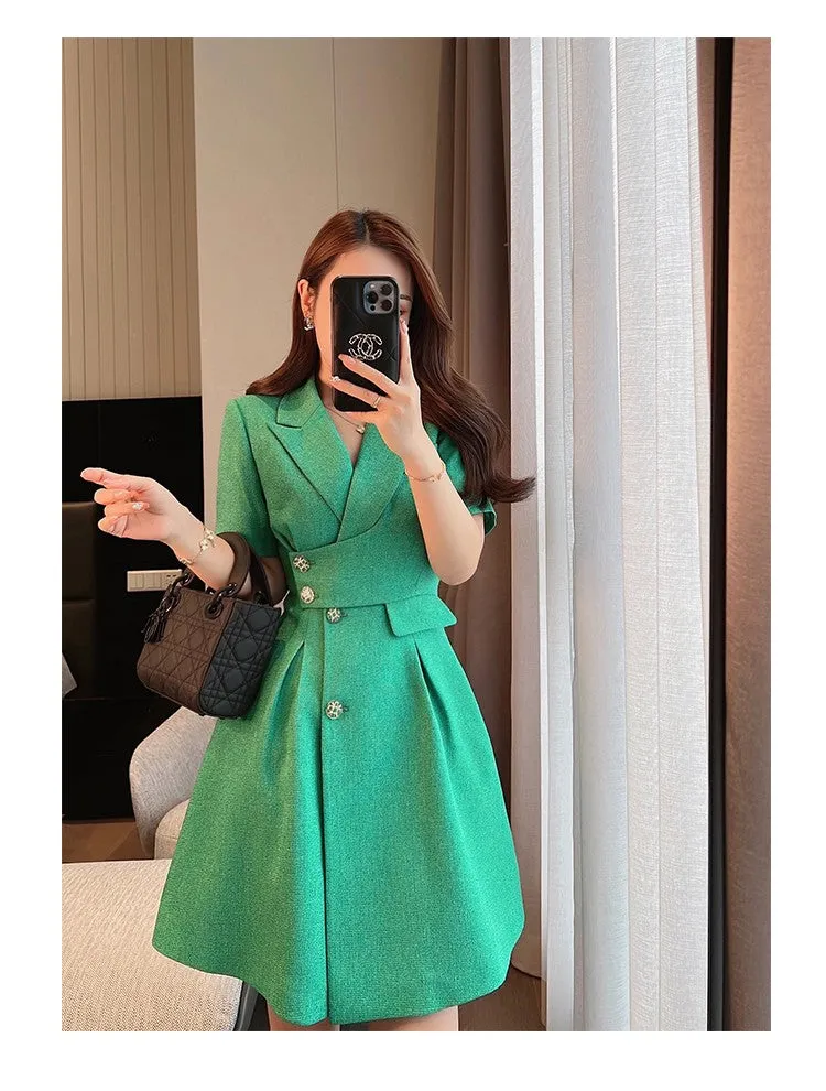 Women's Casual Solid Green Knee Length Zipper Professional Dresses