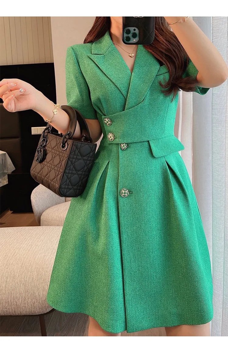 Women's Casual Solid Green Knee Length Zipper Professional Dresses