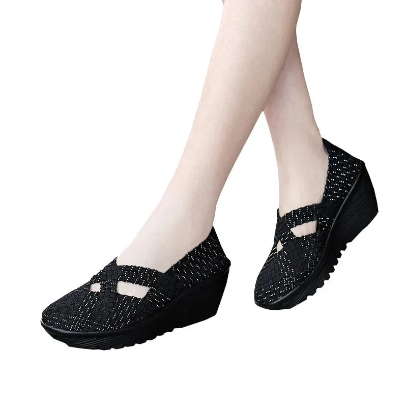 Women's Handmade Leisure Style Round Toe Slip-On Hi-Heel Shoes