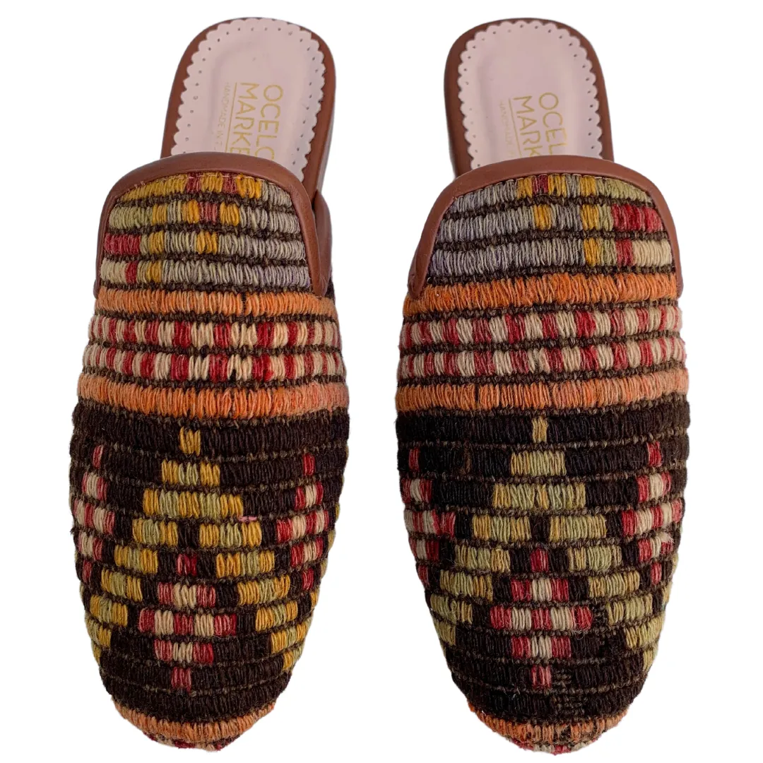 Women's Turkish Kilim Mules | Orange with Pattern