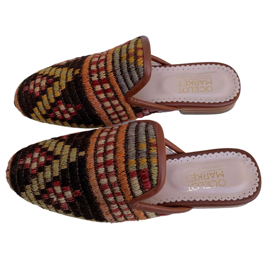 Women's Turkish Kilim Mules | Orange with Pattern