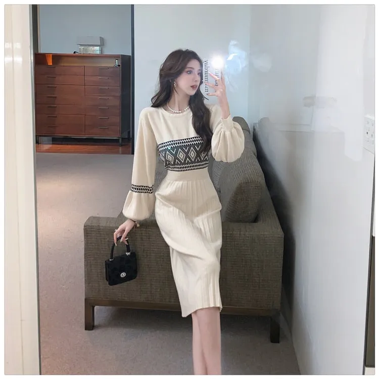 Women's Winter Office Casual Mid-Calf Knitting Bodycon Dresses