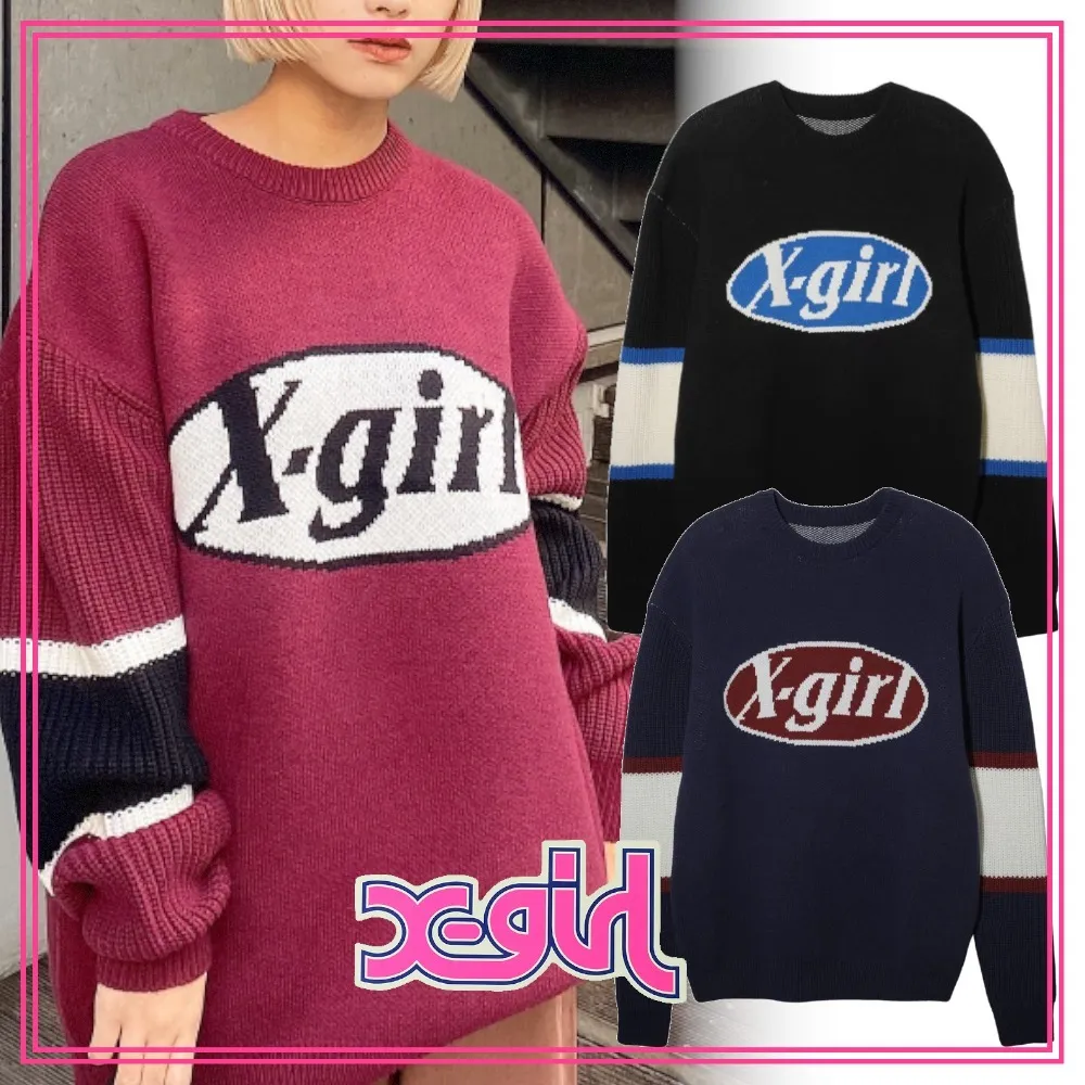 X-girl  |Crew Neck Unisex Street Style Long Sleeves Plain Cotton Logo