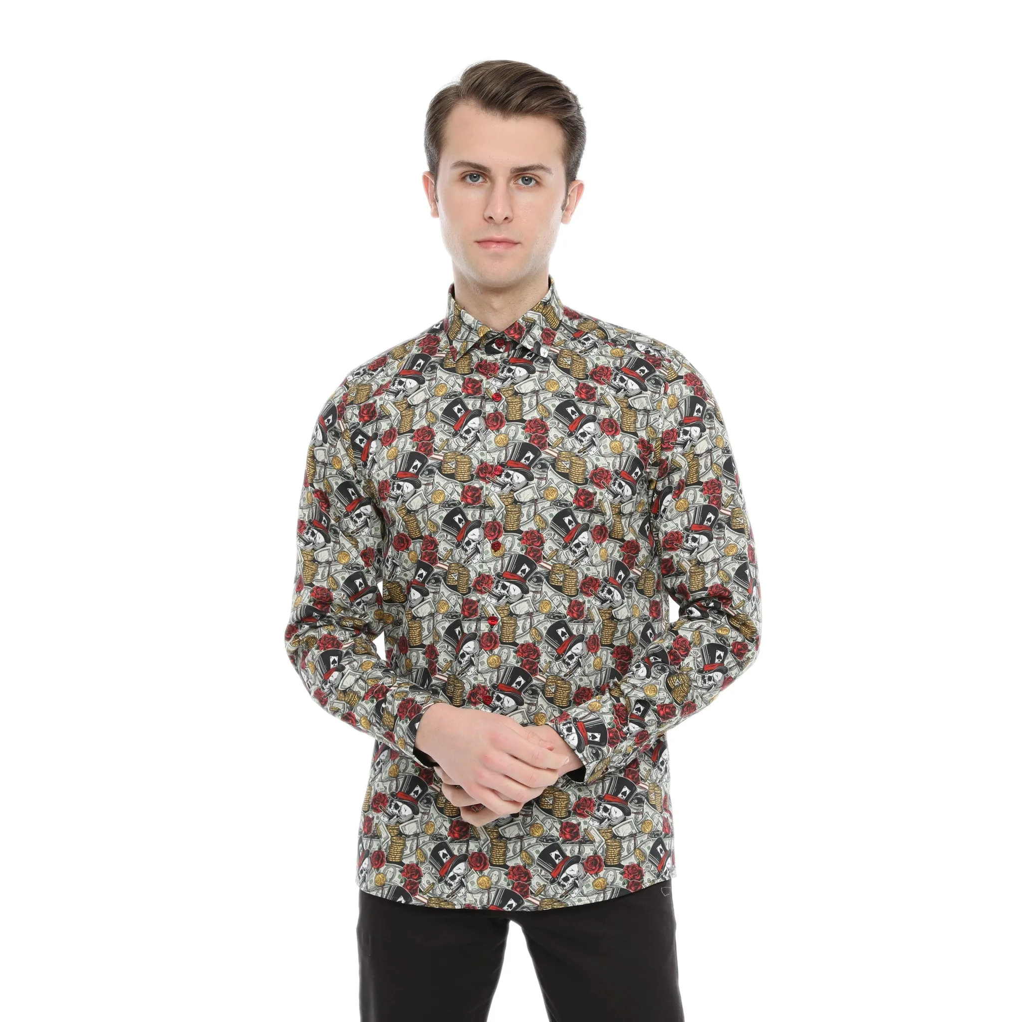 Xact Men's Gambling Skulls Print Long Sleeved Shirt, Regular Fit