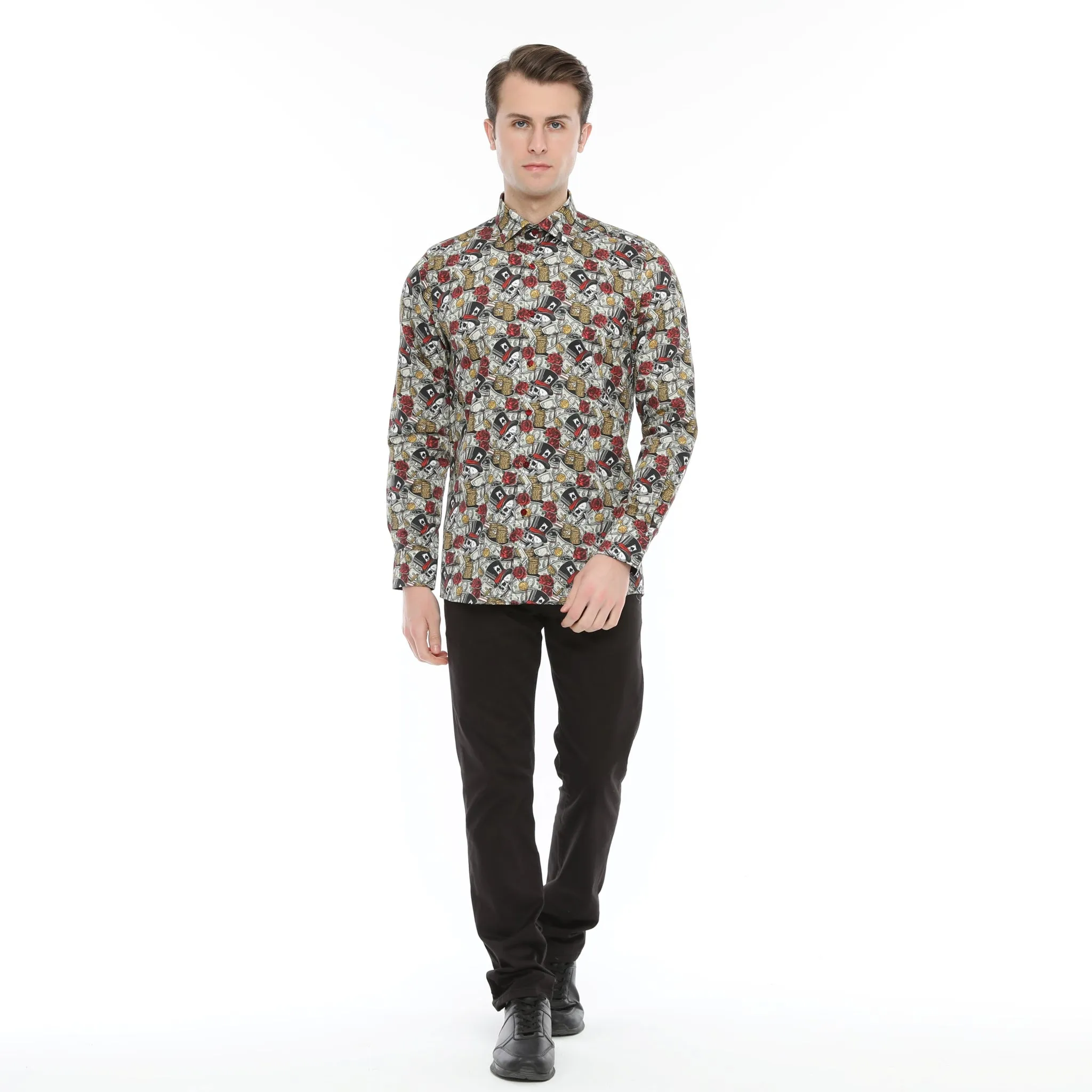 Xact Men's Gambling Skulls Print Long Sleeved Shirt, Regular Fit