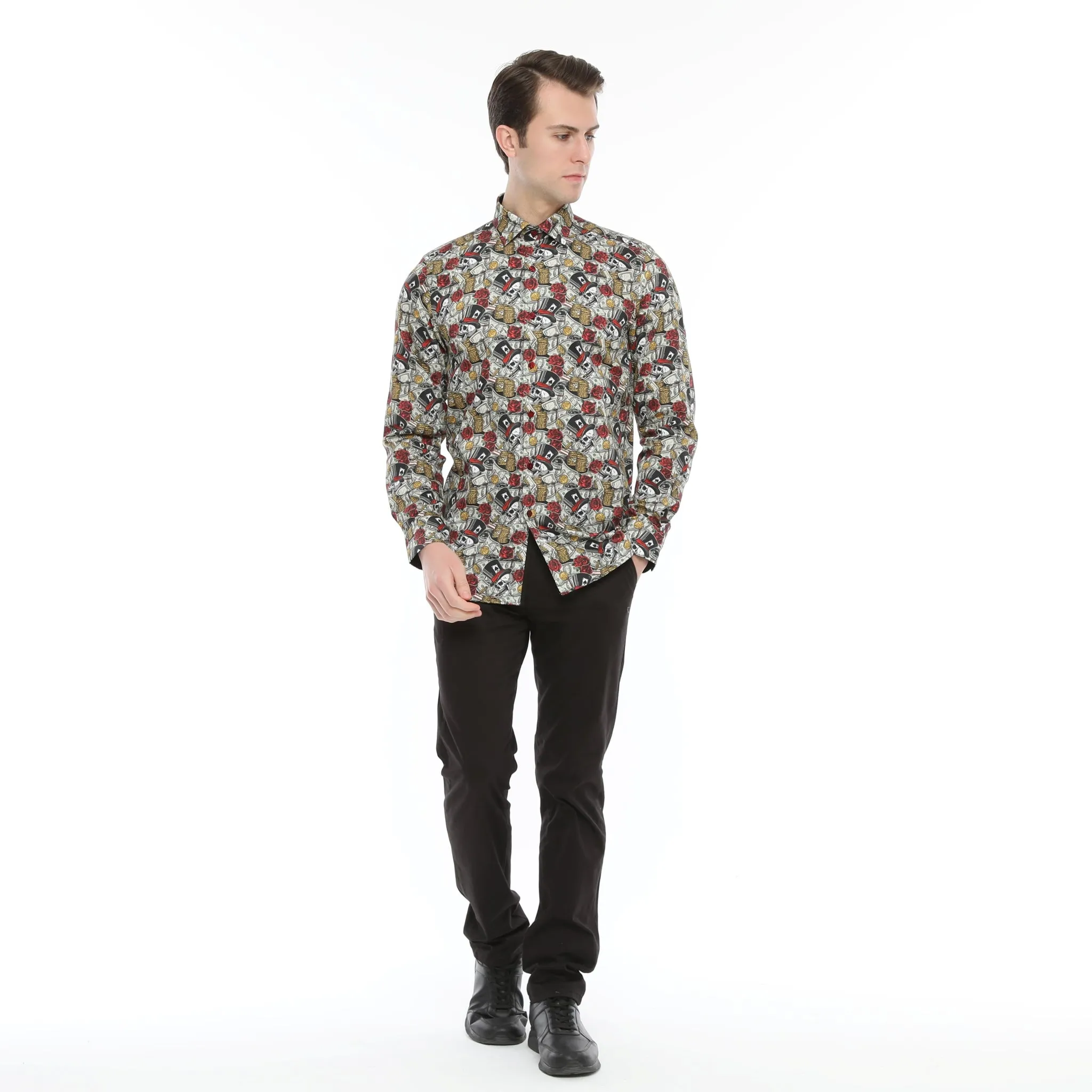 Xact Men's Gambling Skulls Print Long Sleeved Shirt, Regular Fit